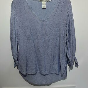 H&M L.O.G.G Women's Blue White Pinstripe Tie Sleeve  V-Neck Blouse Size 6